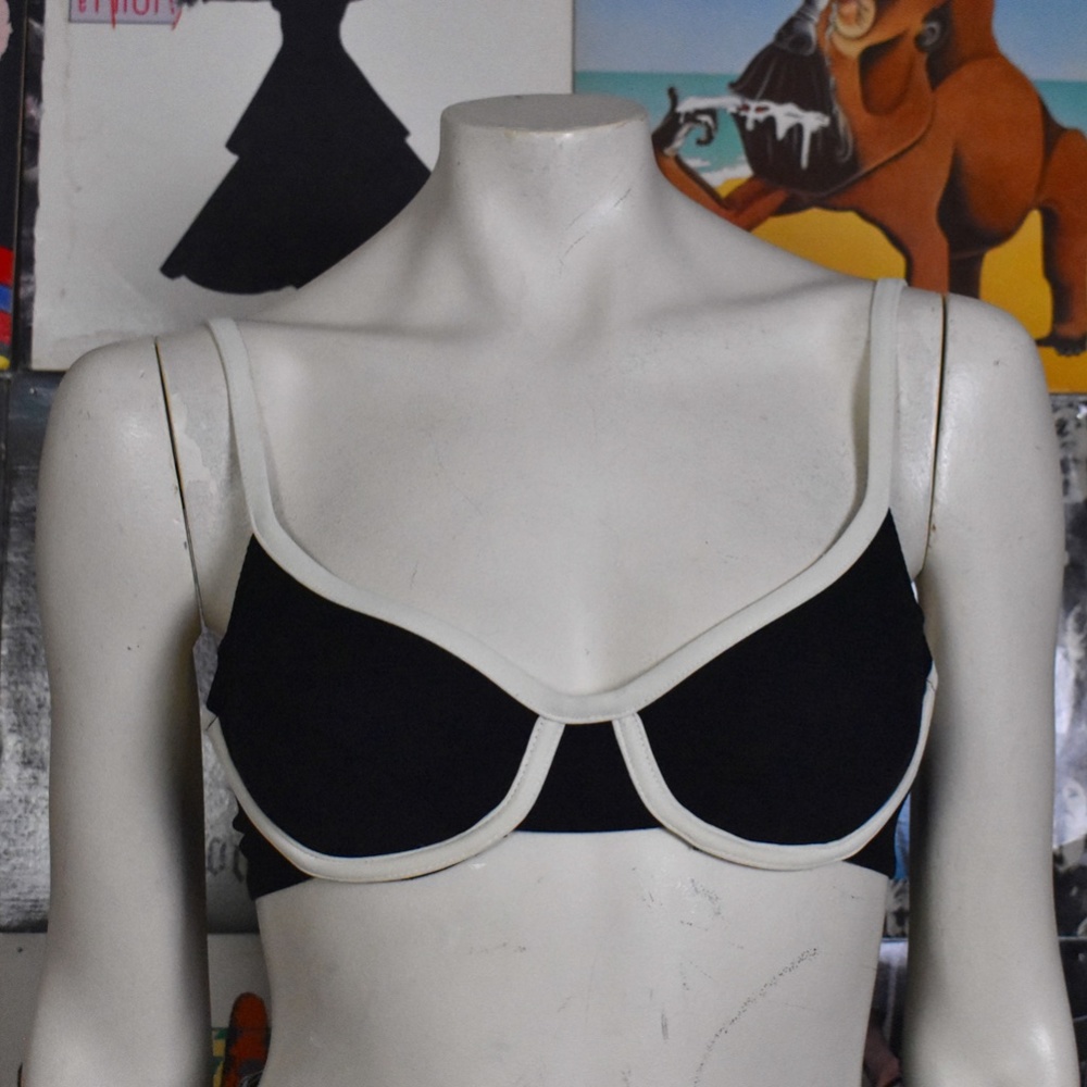 90s Pacific Connections Swim Suit Bikini Top Black White Underwire VTG